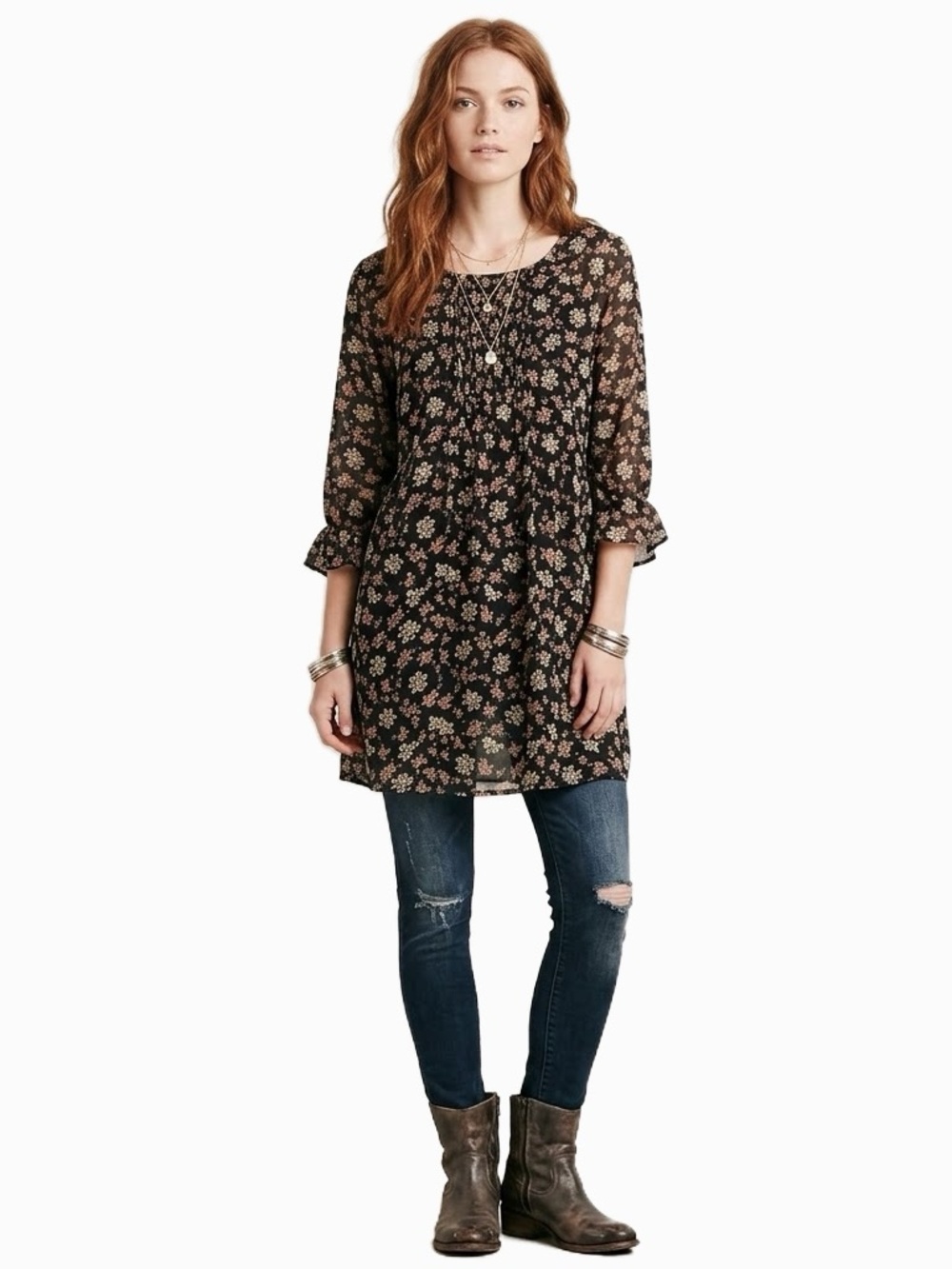 Free People Black 3/4 Sleeves Ditsy Floral Mini Dress Tunic
